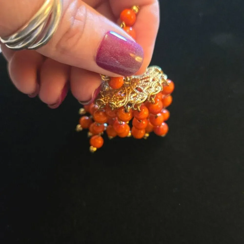 Vintage Gold Tone Orange Coral Cluster Waterfall Beaded Brooch Pin